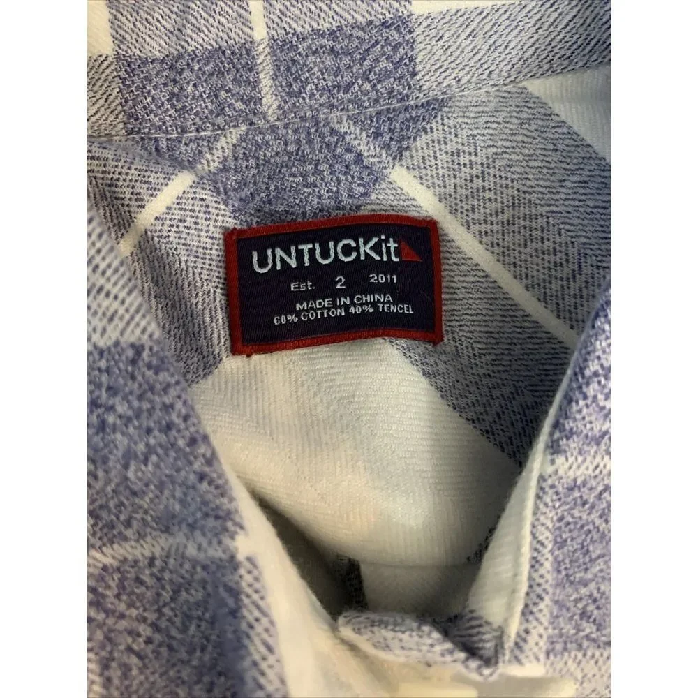 Untuckit Womens Blue White Plaid Long Sleeve Flannel Top Size 2